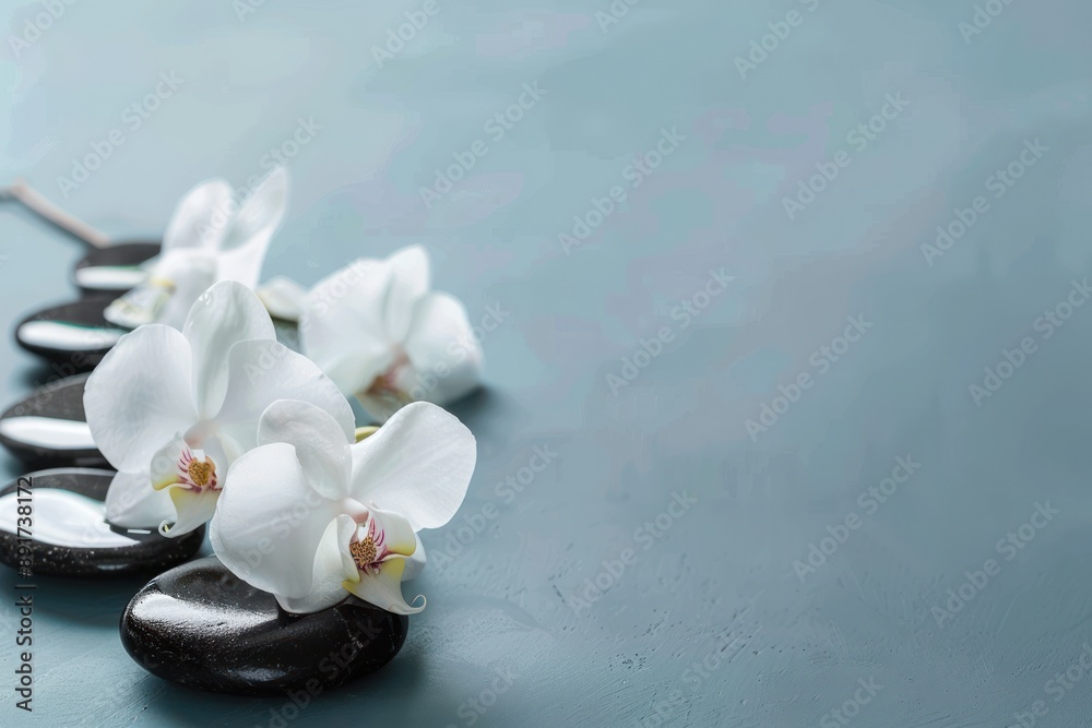 Delicate orchids on smooth black spa stones against a soft blue backdrop, with copy-space. Spa Aesthetics Delicate orchids on smooth black spa stones against a soft blue backdrop, with copy-space. Spa Aesthetics