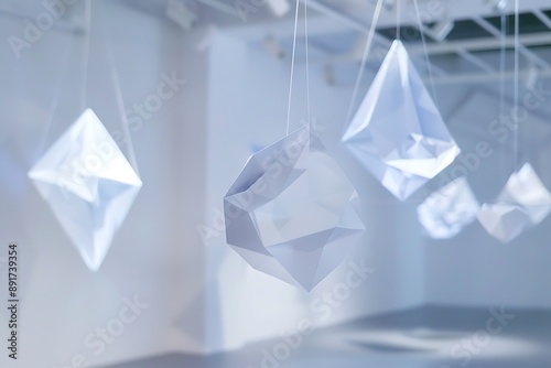 A series of holographic paper sculptures depicting abstract geometric shapes suspended in a pristine, white exhibition space. photo