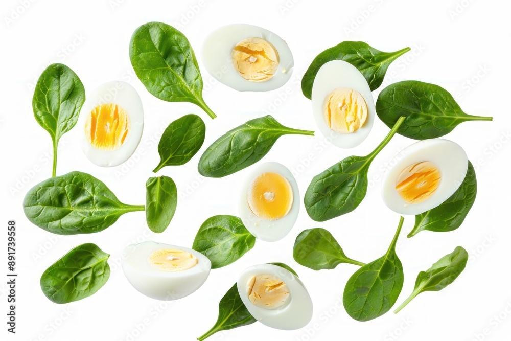 fresh spinach leaves and hard-boiled egg slices flying in mid-air Isolated on white background fresh spinach leaves and hard-boiled egg slices flying in mid-air Isolated on white background