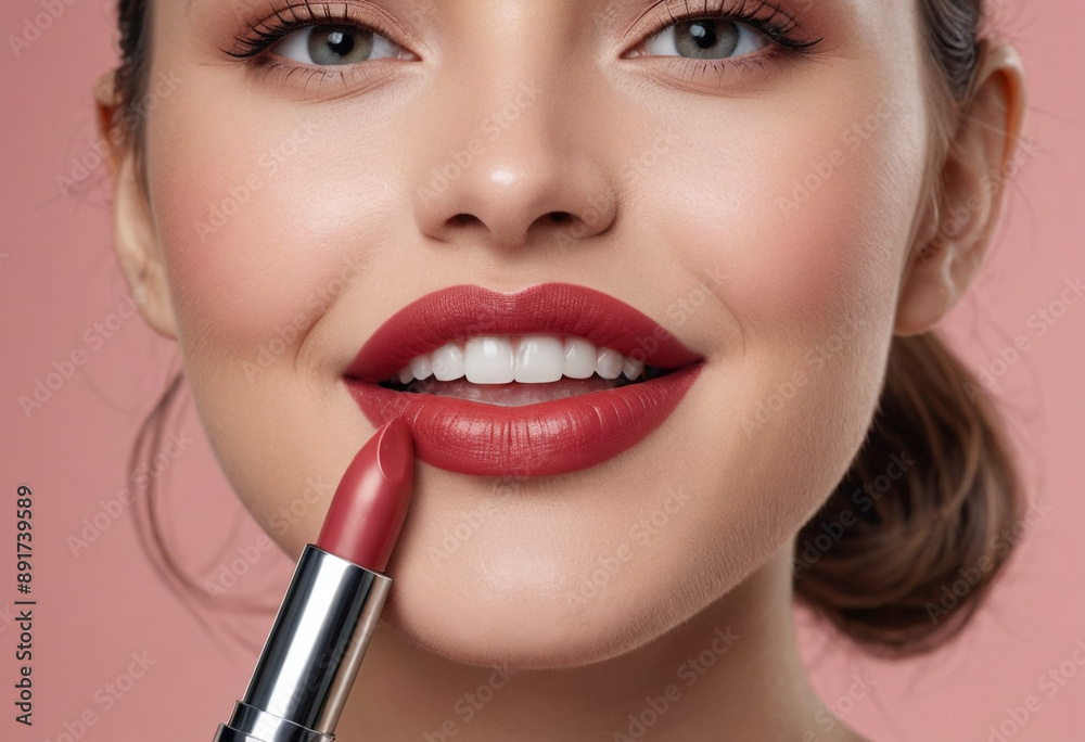  A person with a confident smile after applying lipstick, highlighting a mood boost. 