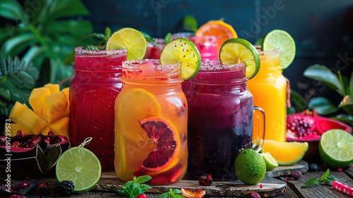 A colorful array of fruit-filled Mexican aguas frescas, with jars of hibiscus, tamarind, and horchata drinks, garnished with slices of lime and fresh fruit