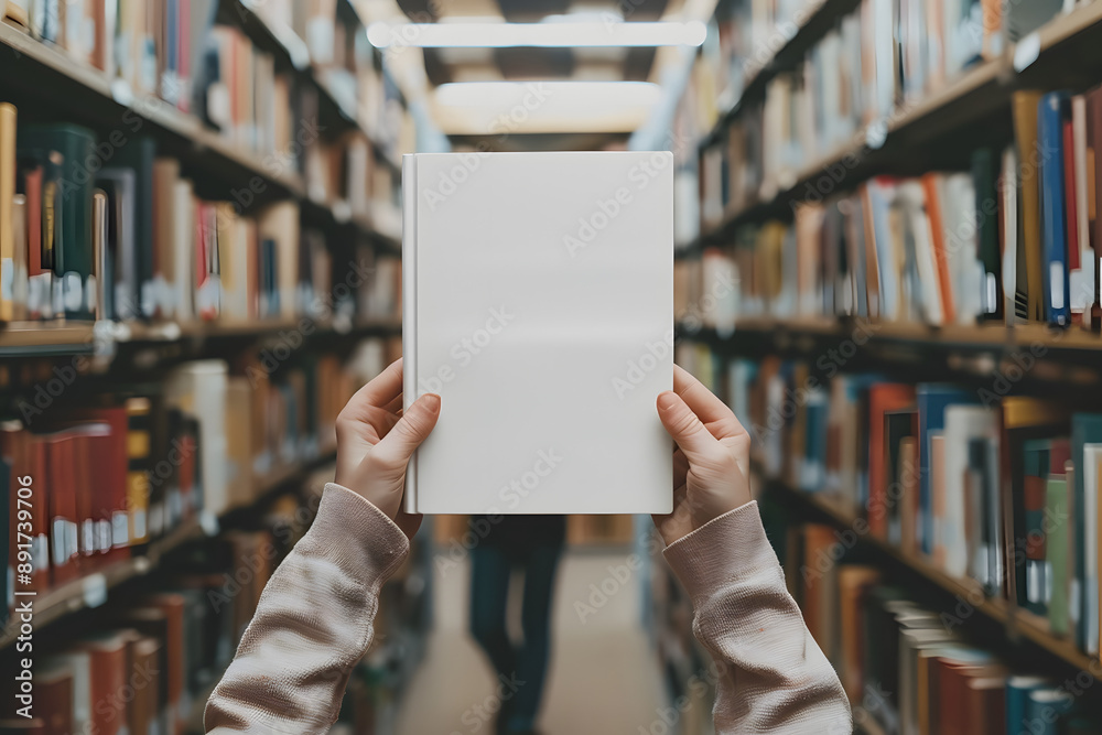 Close-Up Blank Book Cover Mockup Held in a Library Close-Up Blank Book Cover Mockup Held in a Library