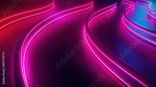 Glowing pink and blue neon lines form abstract curves on a dark background