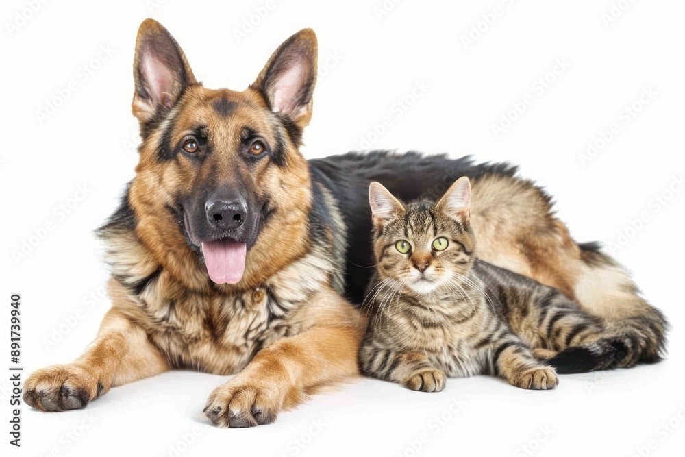 German shepherd dog and cat together isolated on white background German shepherd dog and cat together isolated on white background