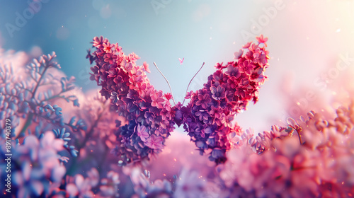 Butterfly-shaped thyroid gland in spring flowers lilac. Concept of thyroid gland control. 