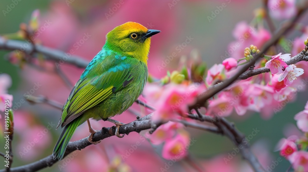 Golden Fronted Leafbird Perched on Sakura Tree Branch, Jayanti Buxa, West Bengal, India Golden Fronted Leafbird Perched on Sakura Tree Branch, Jayanti Buxa, West Bengal, India