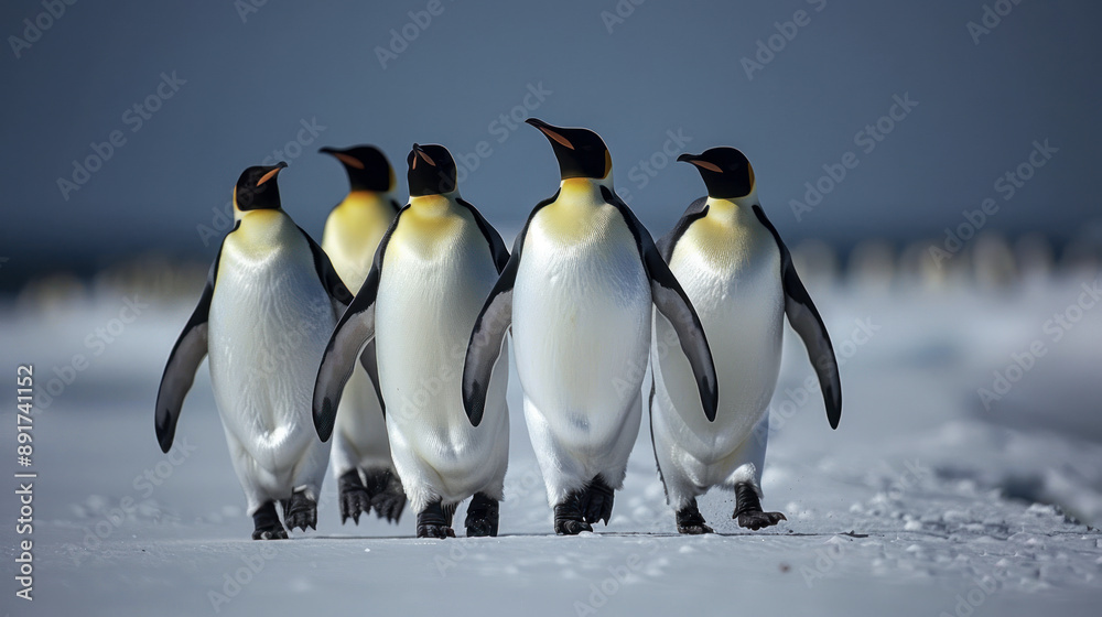 Naklejka premium Emperor Penguins Marching on Snowy Beach