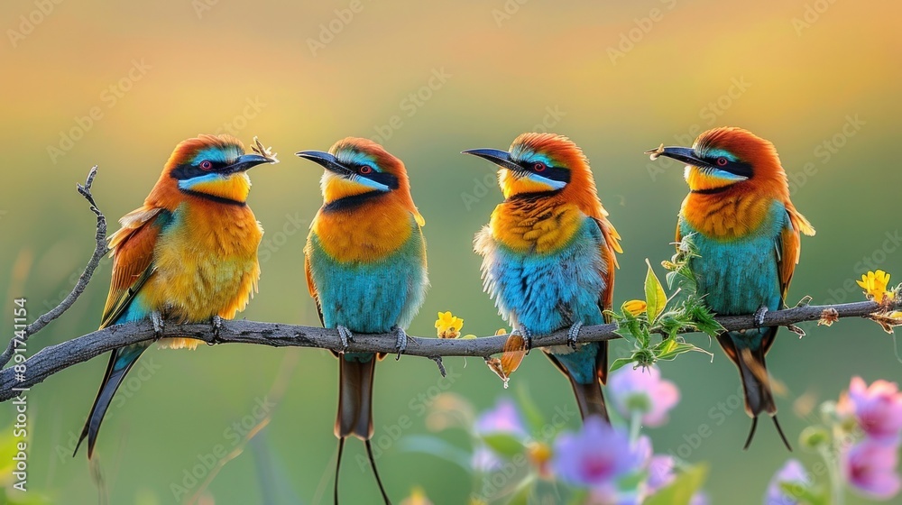 Obraz premium European Bee Eaters with Prey in Beaks at Breeding Colony on Bagerova Steppe, Kerch Peninsula, Crimea, Ukraine
