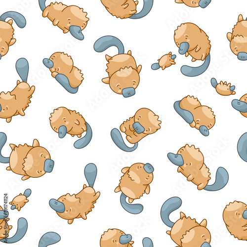 Cute platypus character. Seamless pattern. Kawaii animal in different poses. Vector drawing. Design ornaments.