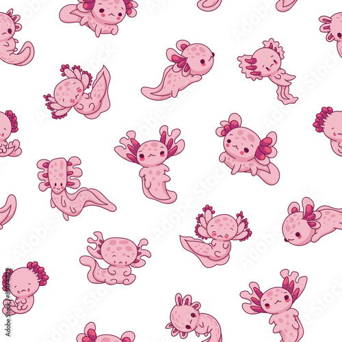 Cute axolotl character. Seamless pattern. Kawaii ambystoma amphibian different poses. Vector drawing. Design ornaments.