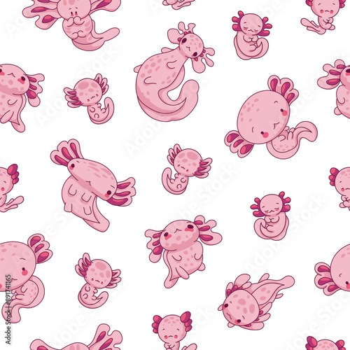 Cute axolotl character. Seamless pattern. Kawaii ambystoma amphibian different poses. Vector drawing. Design ornaments.