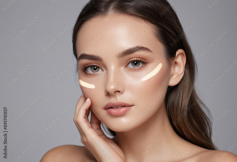 A model with glowing skin using refillable skincare products. A model with glowing skin using refillable skincare products.