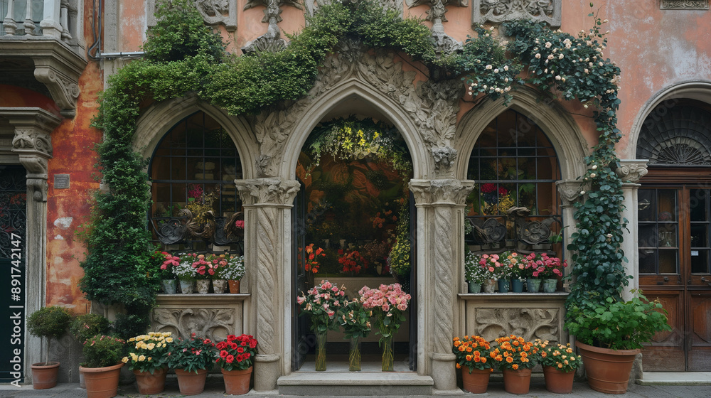 Fototapeta premium An ornate arched entrance to what appears to be a flower shop. The facade of the building is adorned with intricate stone carvings and is partially covered by cascading green ivy