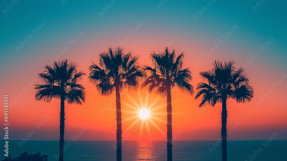 A serene sunset scene with four tall palm trees standing in a row against a gradient sky transitioning from a deep blue at the top to a warm orange hue at the bottom A serene sunset scene with four tall palm trees standing in a row against a gradient sky transitioning from a deep blue at the top to a warm orange hue at the bottom