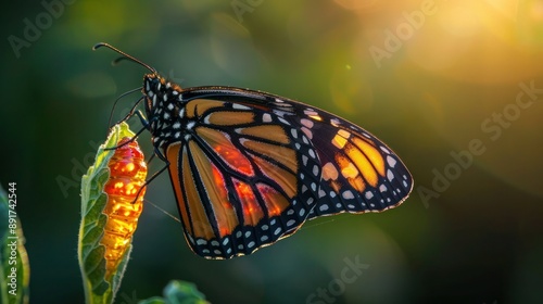 Newly Emerged Monarch Butterfly Resting on Plant in Connecticut, USA