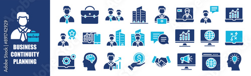 Business Continuity Planning icon collection set. Containing design,strategy, management, business, risk, concept,and more. Solid vector icons collection.	