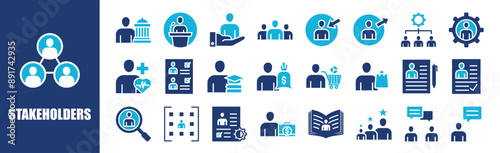 Stakeholder icon collection set. Containing design,business, collaboration, management, strategy, team,and more. Solid vector icons collection.	