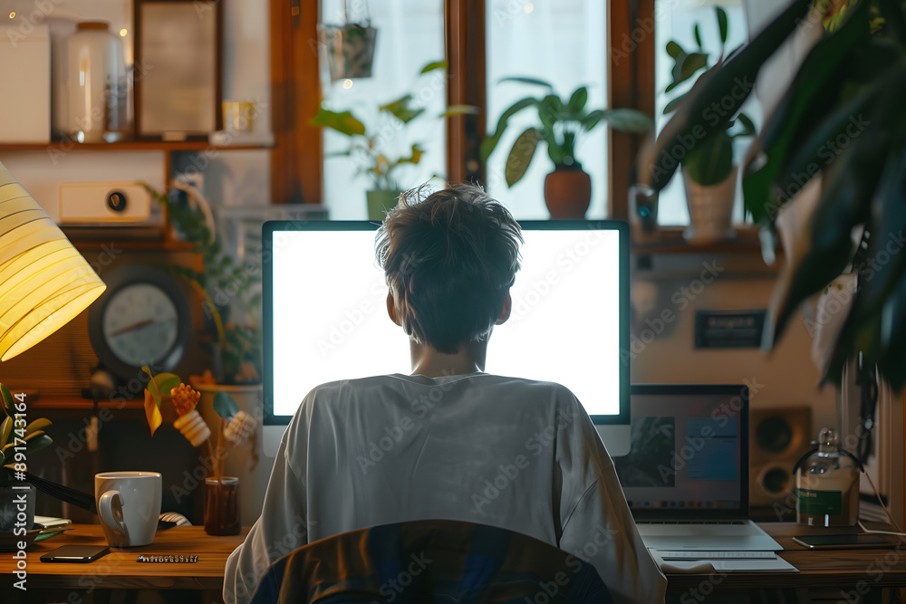 Over-the-Shoulder Shot of Young Man Using Laptop with Blank White Screen Over-the-Shoulder Shot of Young Man Using Laptop with Blank White Screen