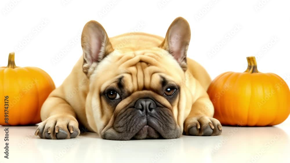 French Bulldog and Pumpkins: Adorable Dog Poses with Pumpkins isolated on a White Background. Perfect for Autumn, Halloween, and Thanksgiving Themes. Seamless Looping Animation. French Bulldog and Pumpkins: Adorable Dog Poses with Pumpkins isolated on a White Background. Perfect for Autumn, Halloween, and Thanksgiving Themes. Seamless Looping Animation.