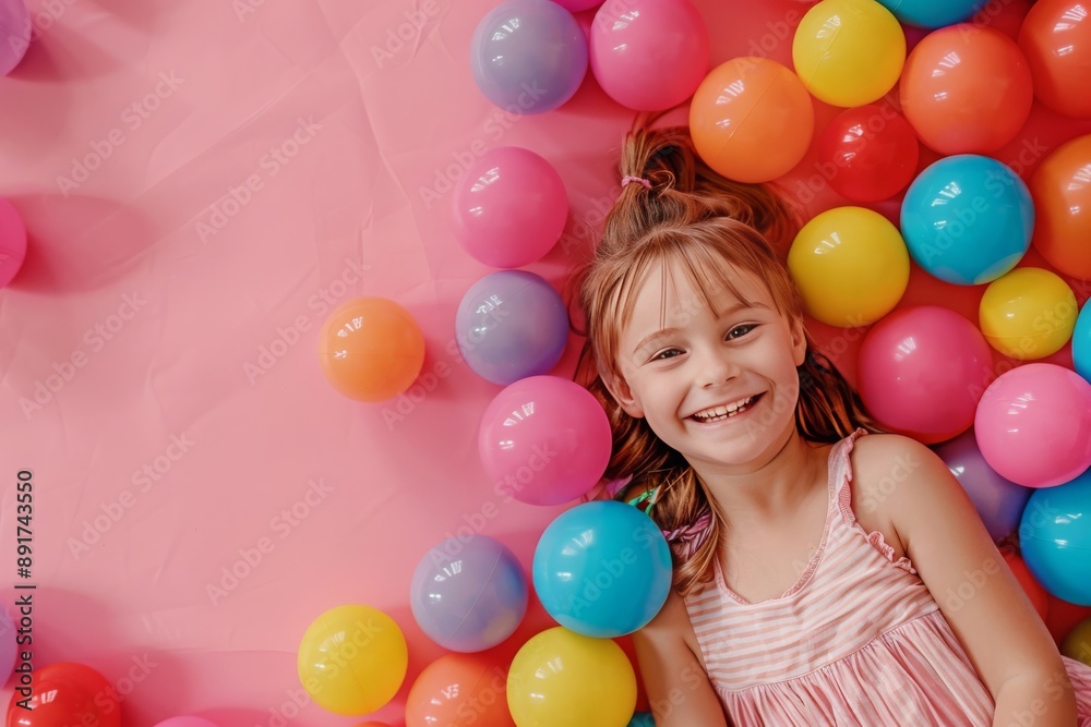 Obraz premium A girl plays and having fun in an indoor playground. Laying in a pool full of colorful balls.