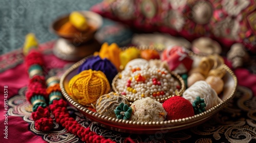 13. A beautifully decorated Raksha Bandhan plate with intricate rakhis and sweets, set against a backdrop of traditional Indian patterns