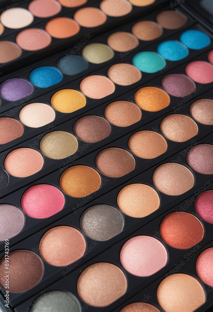 A stack of colorful eyeshadow palettes with various shades. A stack of colorful eyeshadow palettes with various shades.