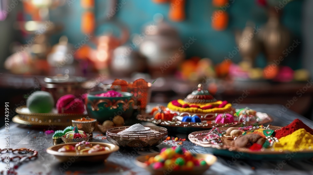 17. A traditional Indian home decorated for Raksha Bandhan, with rakhis and sweets arranged on a table 17. A traditional Indian home decorated for Raksha Bandhan, with rakhis and sweets arranged on a table