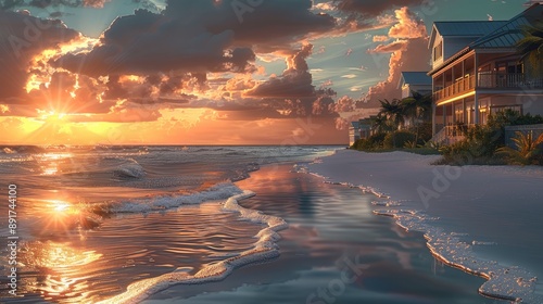 Fototapeta Naklejka Na Ścianę i Meble -  A beach homes next to the ocean with a sunset. Generative AI.