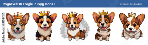 Five cute Welsh Corgi puppies with crowns, ideal for pet-themed designs, social media icons, stickers, greeting cards, children's illustrations, and pet product branding.