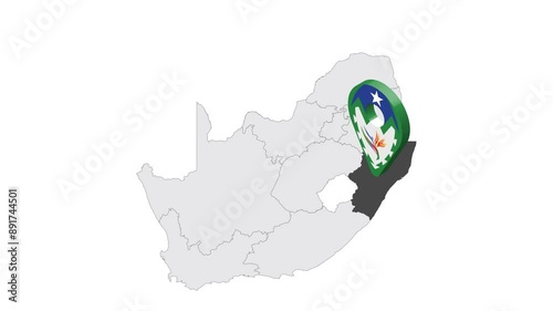 Location KwaZulu-Natal Province  on map South Africa. 3d KwaZulu-Natal flag map marker location pin. Map of  South Africa showing different parts. Animated map . 4K.  Video photo