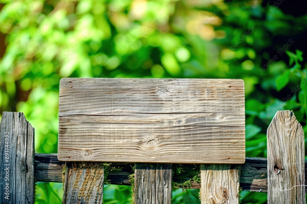 Fototapeta premium A weathered wooden sign attached to a rustic fence with a blurred green background. The image conveys a natural and organic feel, ideal for themes related to outdoors, gardening, and country living.