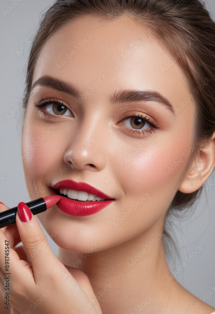 A person with a confident smile after applying lipstick, highlighting a mood boost. A person with a confident smile after applying lipstick, highlighting a mood boost.