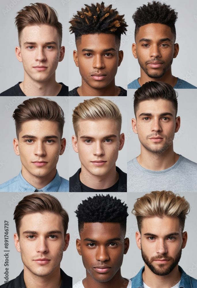  A diverse group of men with different hairstyles, promoting inclusivity. 