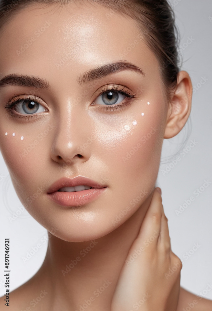 A model with glowing skin using refillable skincare products. A model with glowing skin using refillable skincare products.
