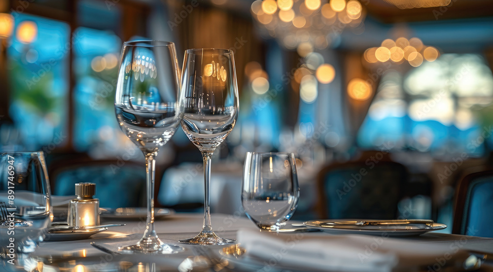 The elegant ambiance of dinning table in restaurant. The soft light from the chandeliers reflects off the polished silverware and crystal glasses, creating a luxurious atmosphere. Generative AI. The elegant ambiance of dinning table in restaurant. The soft light from the chandeliers reflects off the polished silverware and crystal glasses, creating a luxurious atmosphere. Generative AI.