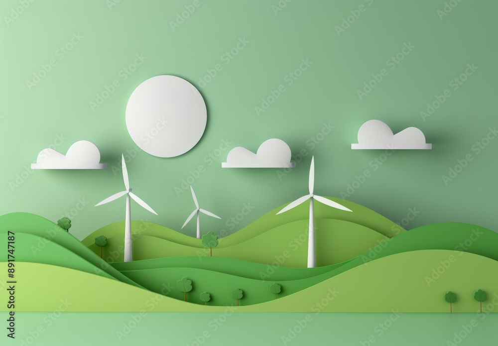 Fototapeta premium green hills with wind turbines, paper art style illustrations, white and light emerald green