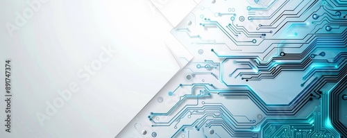 background with white and blue hexagonal shapes, circuit board patterns for technology or digital concept
