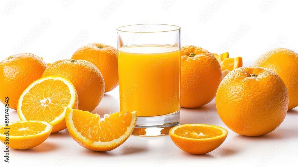 Bright, freshly squeezed orange juice in a glass, Surrounded by whole and sliced oranges, Refreshing and healthy drink concept Bright, freshly squeezed orange juice in a glass, Surrounded by whole and sliced oranges, Refreshing and healthy drink concept