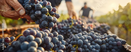 Vineyard during harvest, workers picking grapes, late afternoon light, industrious and picturesque