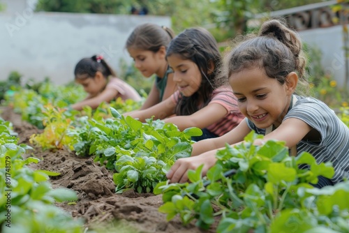 Wallpaper Mural A group of young girls working happily together in a vegetable garden surrounded by vibrant green plants and doing a joyful activity. Torontodigital.ca