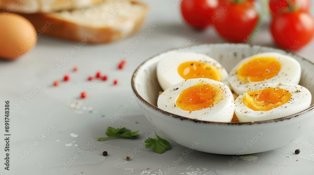 Breakfast table with boiled eggs, whole wheat bread, and fresh tomatoes, simple and healthy meal, natural ingredients Breakfast table with boiled eggs, whole wheat bread, and fresh tomatoes, simple and healthy meal, natural ingredients
