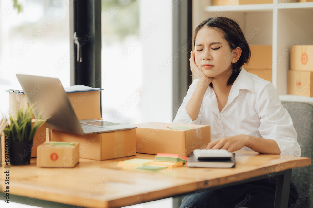 Starting Small business entrepreneur SME freelance,Portrait young woman working at home office, BOX,smartphone,laptop, online, marketing, Starting Small business entrepreneur SME freelance,Portrait young woman working at home office, BOX,smartphone,laptop, online, marketing,
