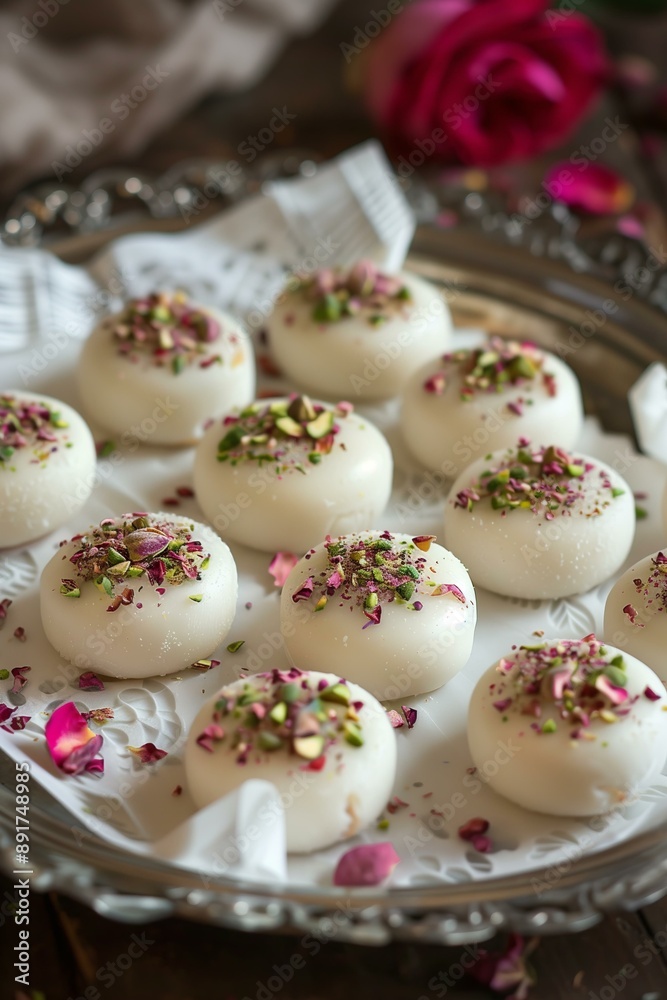 round, creamy-white Pedas placed on a decorative silver tray lined with white paper. Each Peda is topped with finely chopped pistachios and dried rose petals for Diwali round, creamy-white Pedas placed on a decorative silver tray lined with white paper. Each Peda is topped with finely chopped pistachios and dried rose petals for Diwali