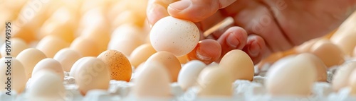 Morning egg collection in a traditional laying hen farm, farmer inspecting eggs, rustic environment, sustainable farming photo