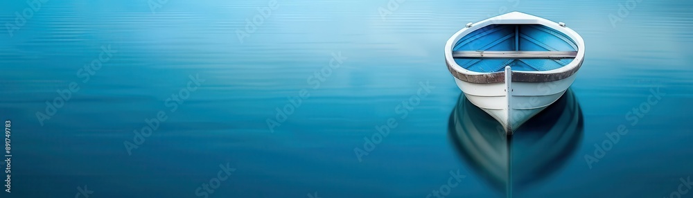 Rowboat on a still blue lake at evening, Waterway, serene solitude Rowboat on a still blue lake at evening, Waterway, serene solitude