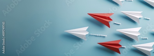 Clay animation, a paper plane leading among many white planes on a blue background