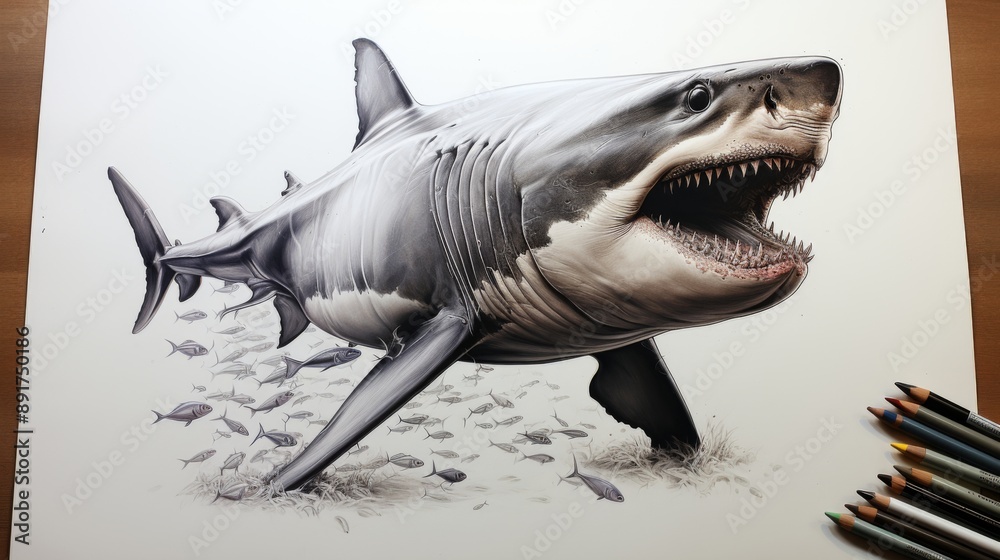 Fototapeta premium Great White Shark - A Masterpiece in Colored Pencil