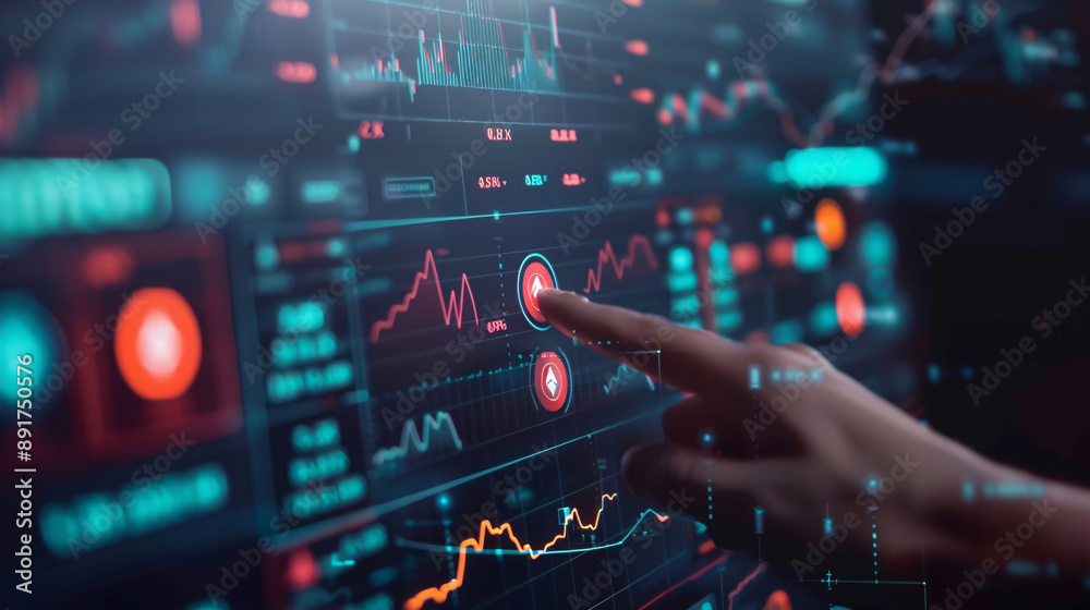 Crypto Trading theme with hand pressing a button on a technology screen Crypto Trading theme with hand pressing a button on a technology screen