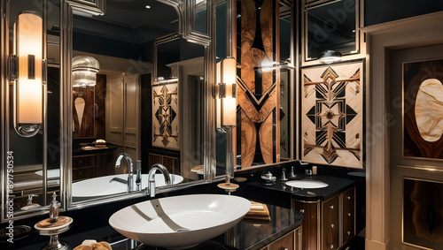 A sumptuous Art Deco bathroom scene radiates opulence and sophistication, showcasing bold geometric patterns in a rich chromatic palette of emerald green, gold, and cream, generative ai