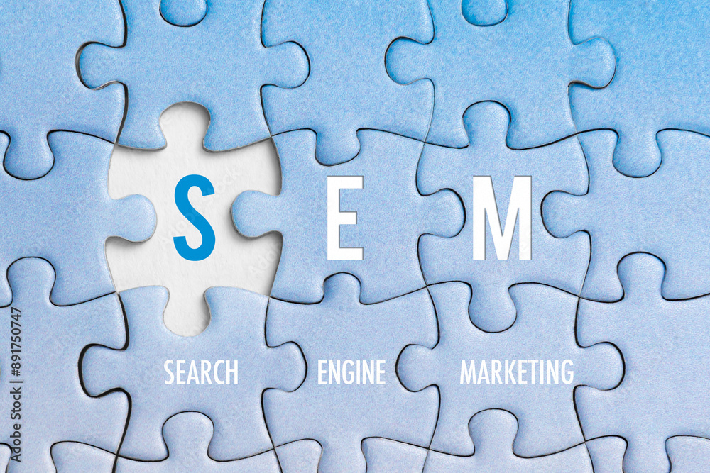 Blue jigsaw puzzle pieces with SEM the words symbolize search engine marketing Blue jigsaw puzzle pieces with SEM the words symbolize search engine marketing